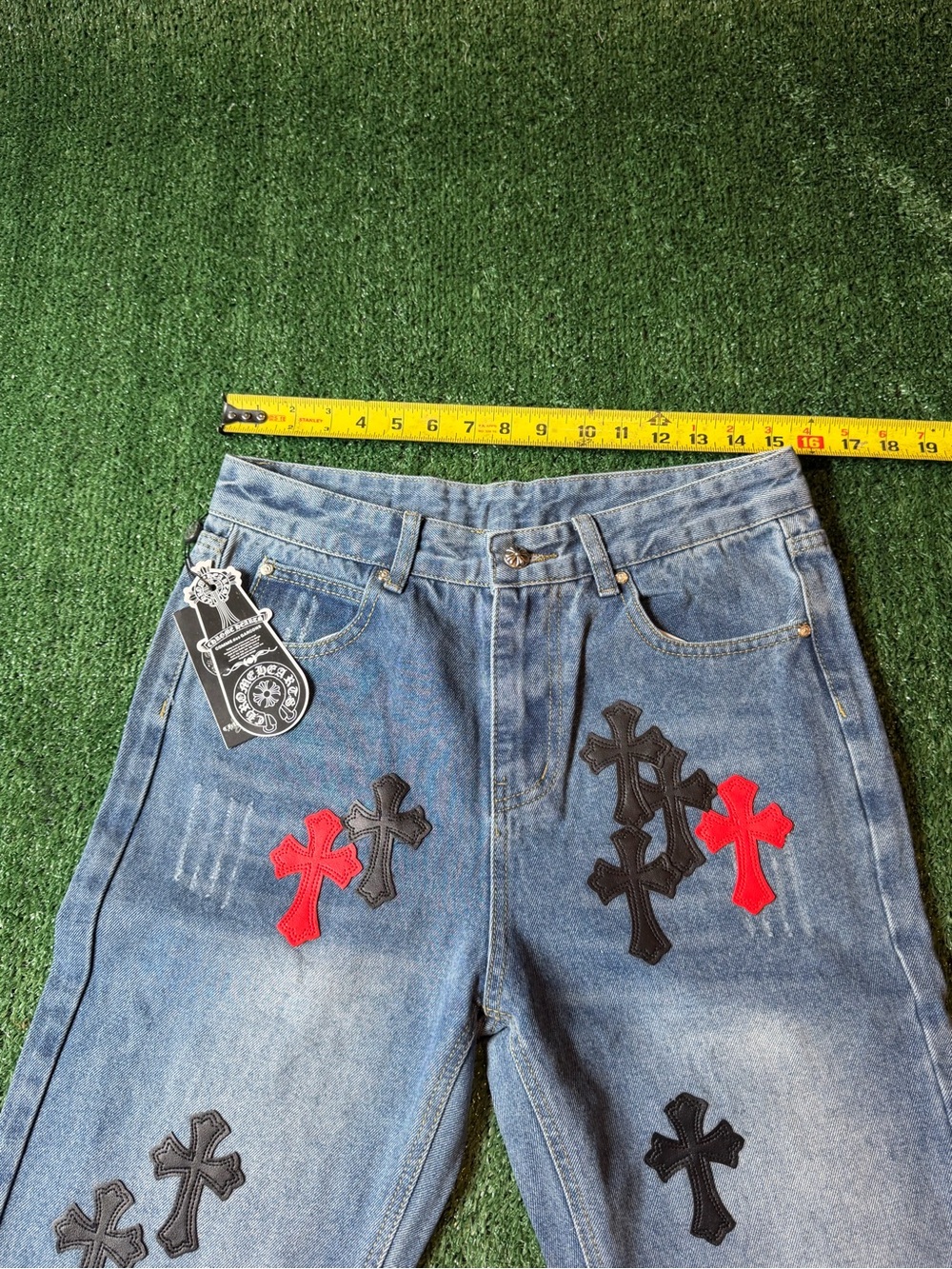 Straight Men’s Denim Jeans with Red & Black Cross Patches - Picture 9 of 12